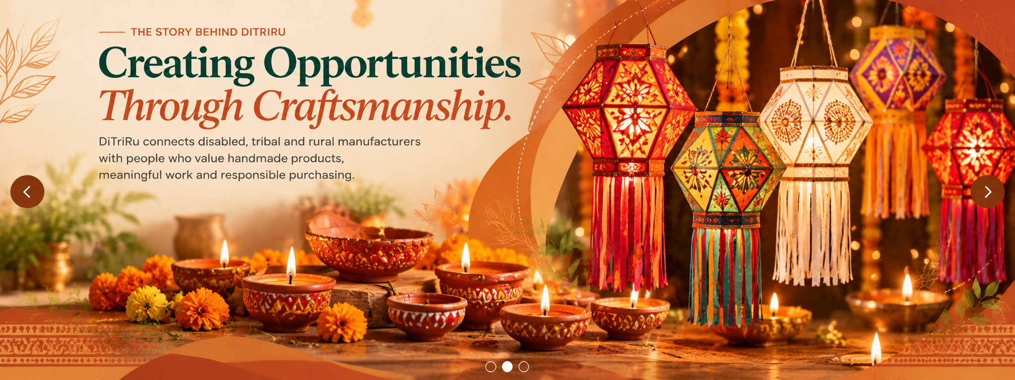 DiTriRu approved final Diwali slider design featuring Akash Kandils and terracotta diyas